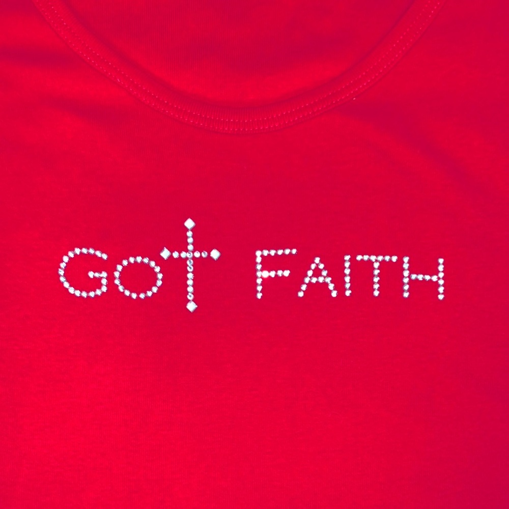 Smart Tees “Got Faith” Cotton Tee Red Embellished Silver Stones Glam Bling